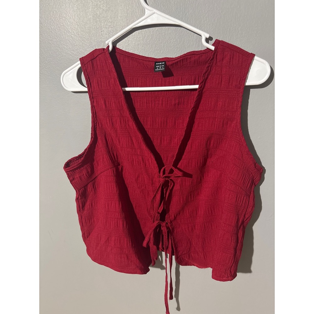 SHEIN Red Textured Tie Front Crop Vest Top Sleeveless V-Neck Boho Medium